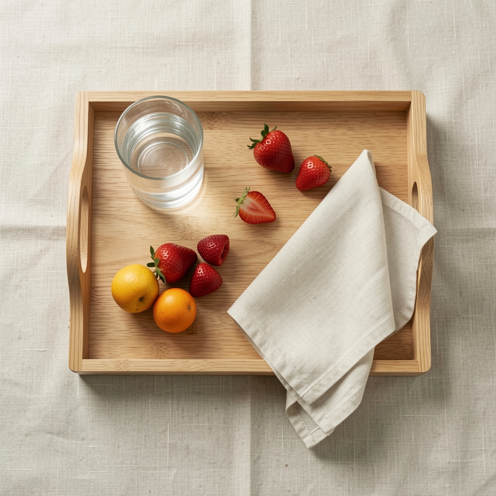 Flat lay of a simple wooden breakfast tray with a glass of water, fresh fruit, and a folded cloth napkin on a light linen surface, suggesting calm morning routine