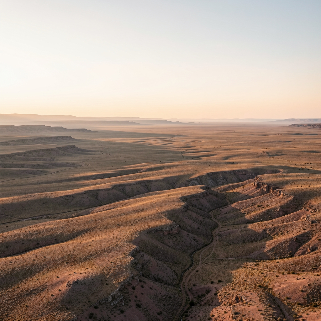 Expansive open landscape with soft horizon light and textured terrain, wide-angle perspective evoking space and the invitation to explore further