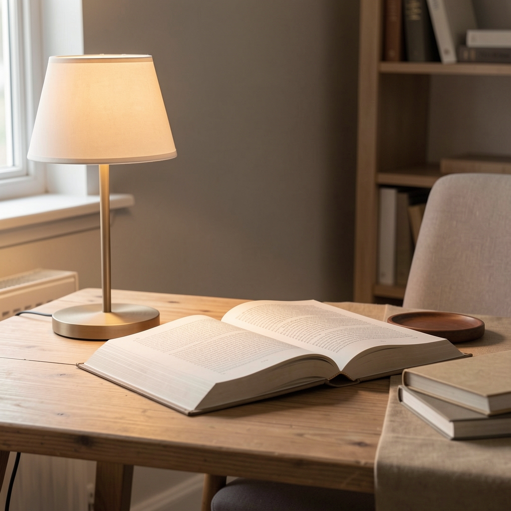 Calm study desk with an open book beside a softly lit lamp, wooden textures and neutral tones evoking thoughtful reading and focused inquiry